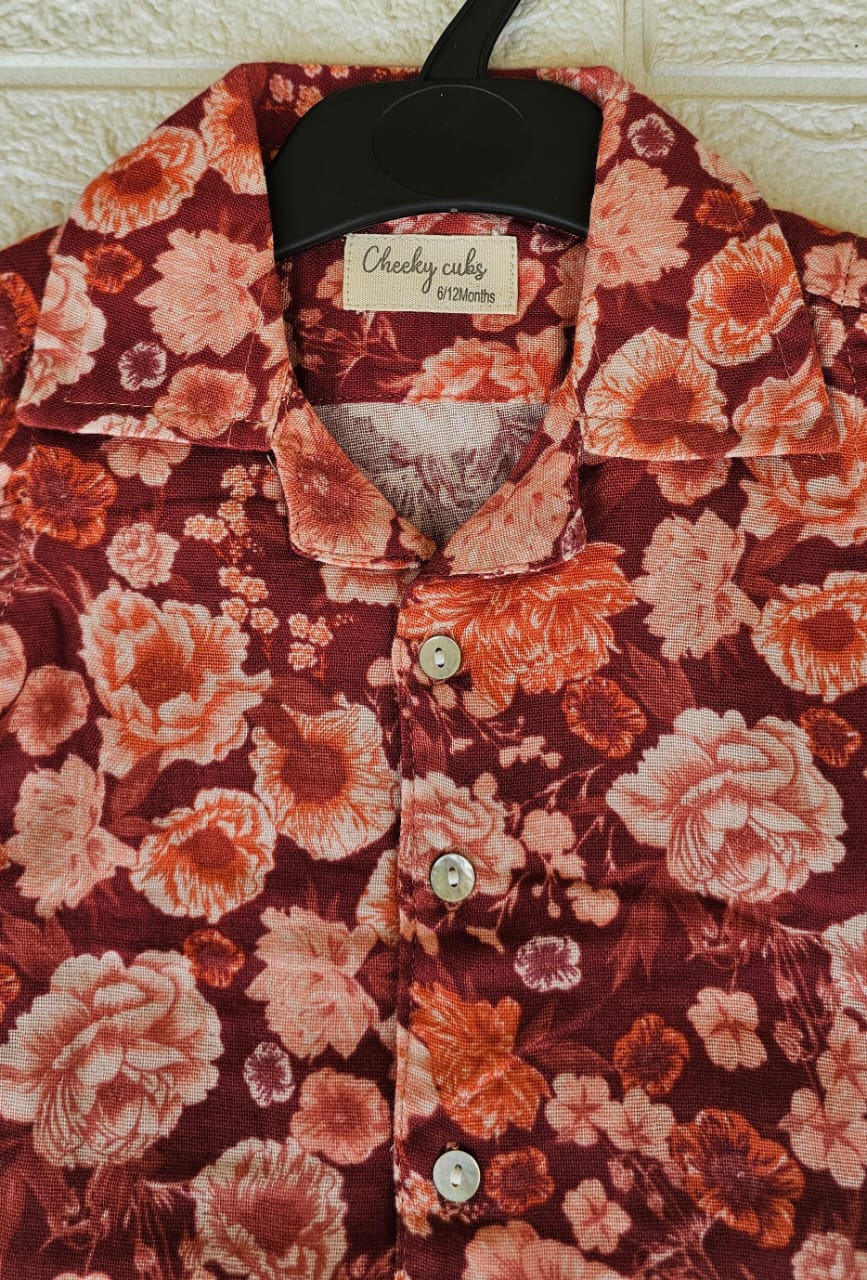 Brown Floral with Cream shorts boys sets - Image 3