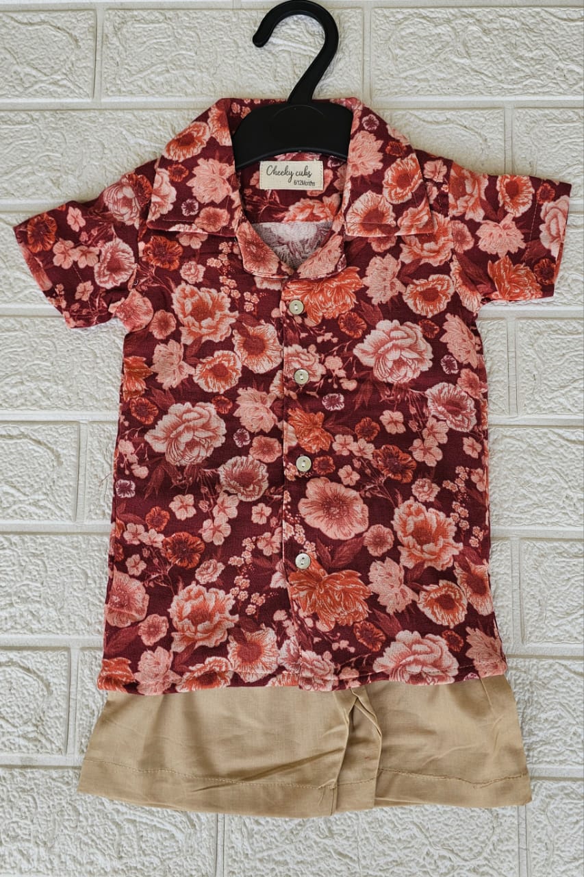 Brown Floral with Cream shorts boys sets