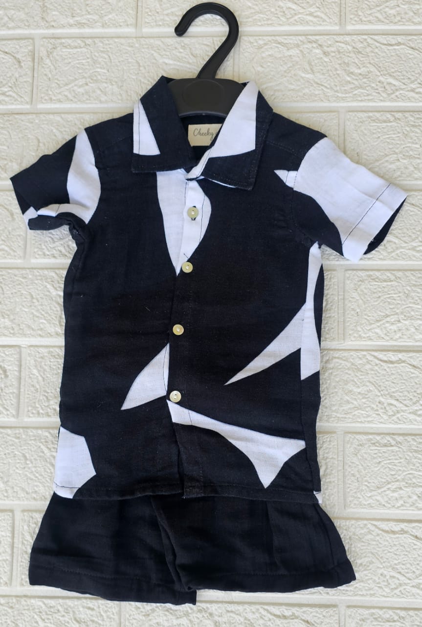 Black & White Geometric with Black Shorts boys set