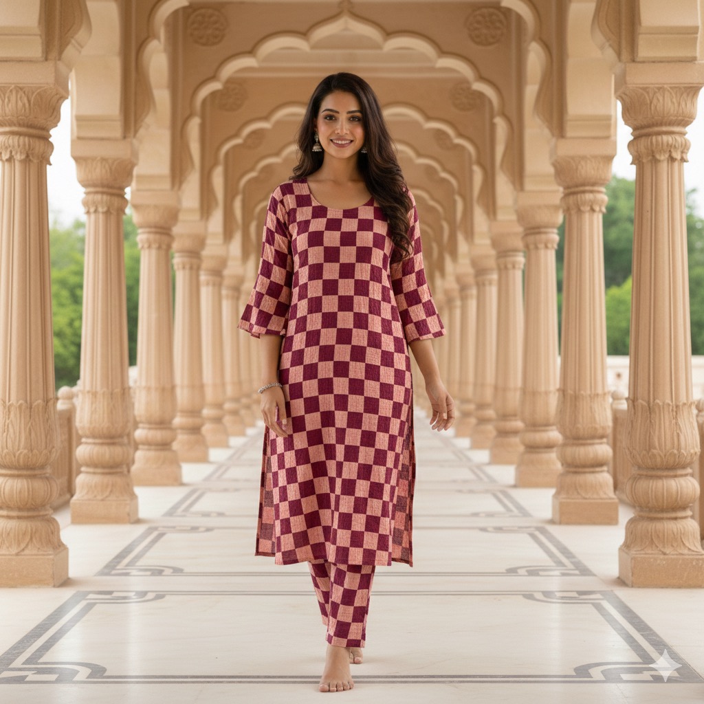 Pink & Orange Checked Cotton Co-Ord Set for Women