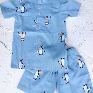 Polar Pals Kids Cotton Shirt & Shorts Set with Penguin Print – Sky Blue Summer Outfit