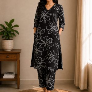 Black Big Flower Cotton Coords sets
