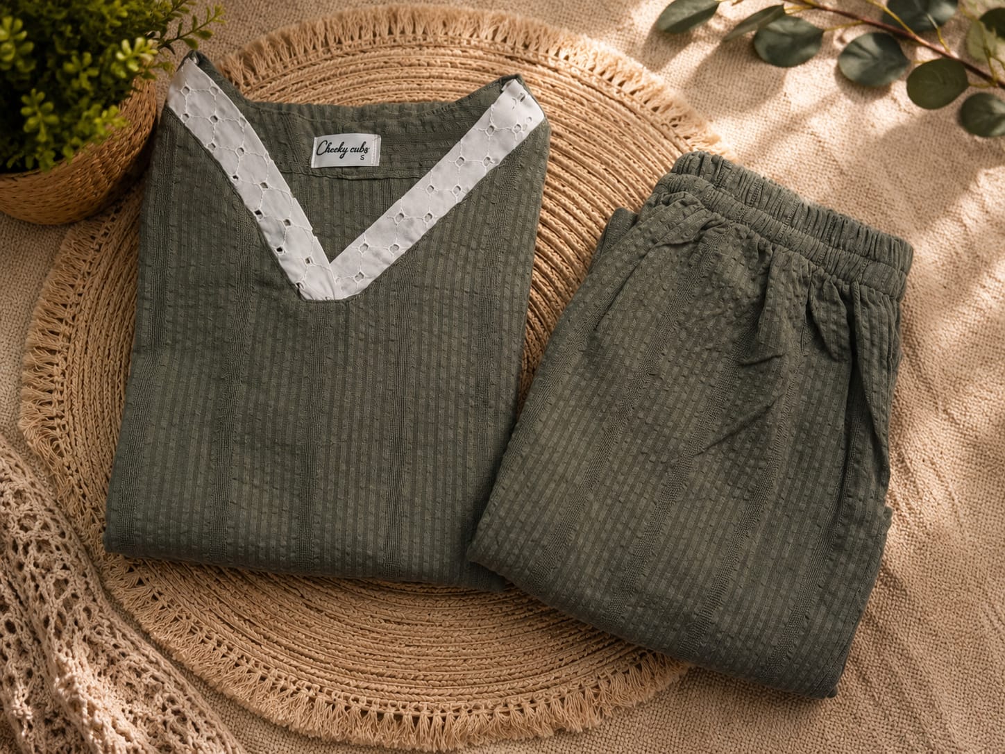 Olive green self stripes